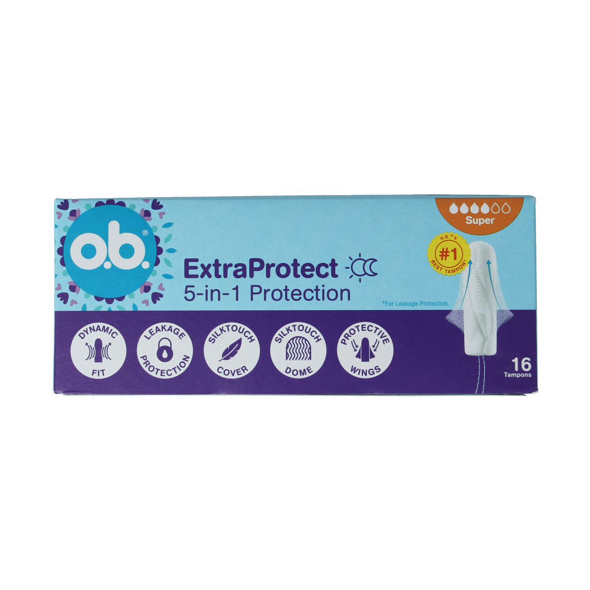 OB Tampons extra protect super, 16-pack, feminine hygiene product showing individual tampons with packaging and branding.