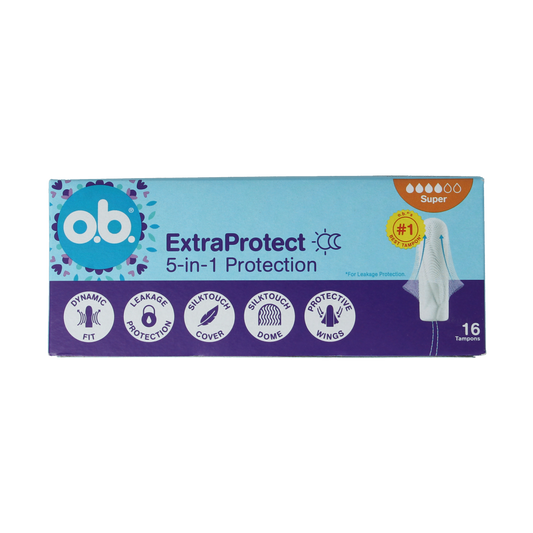 OB Tampons extra protect super, 16-pack, feminine hygiene product showing individual tampons with packaging and branding.