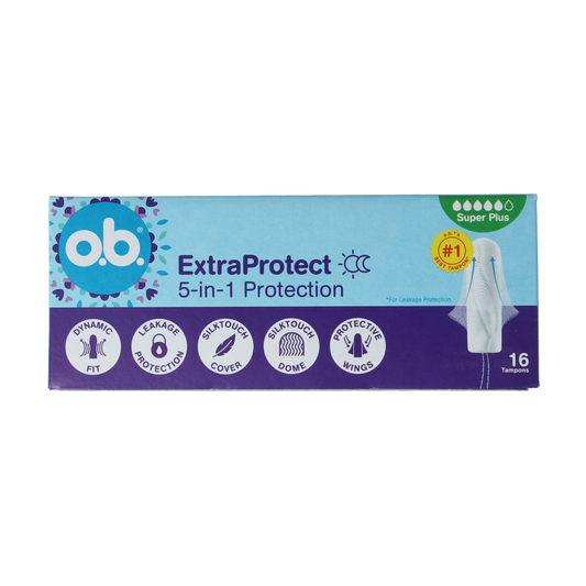 OB Tampons Extra Protect Super Plus, 16-pack, feminine hygiene product showing tampons with applicators and packaging.