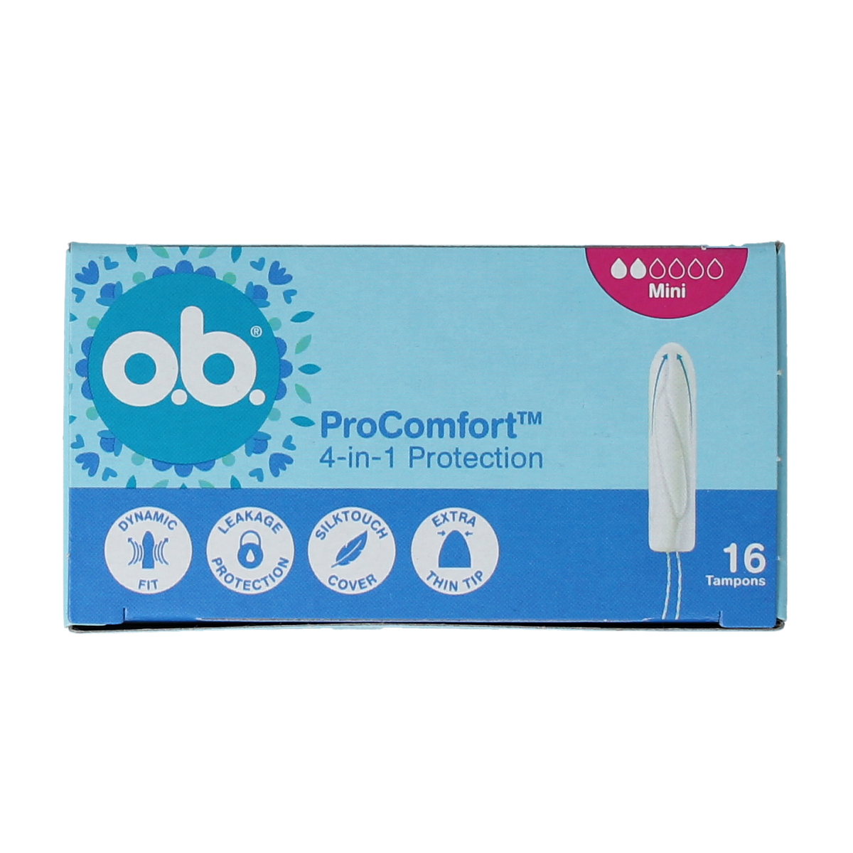 OB Tampons Pro Comfort Advanced Mini, 16-pack, discreet menstrual tampons designed for comfort and protection for women.