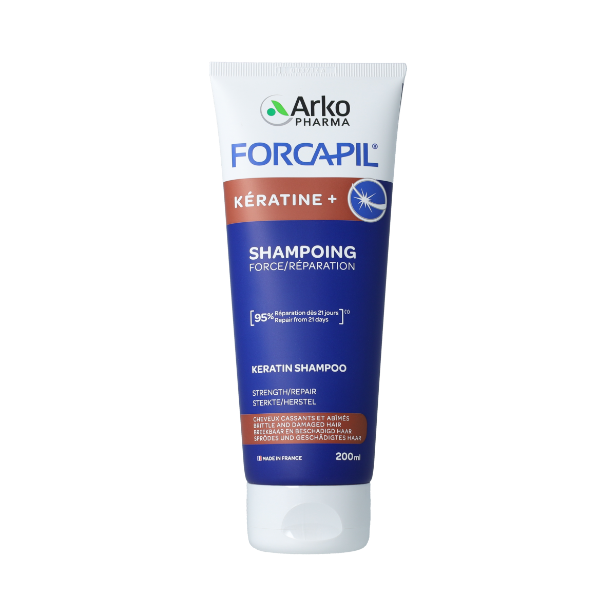 Forcapil Versterkende shampoo for hair strengthening, 200ml bottle, hair care product with a white and green label.