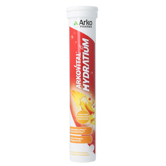 Arkovital Hydratium Mango effervescent tablets, a dietary supplement with mango flavor, in a blister pack.