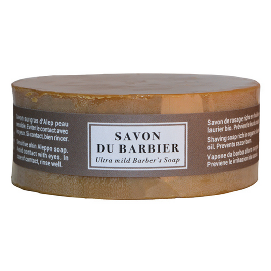 Aleppo Soap Co Aleppo scheerzeep navulling 100g, natural shaving soap refill in a simple packaging, for men’s grooming.
