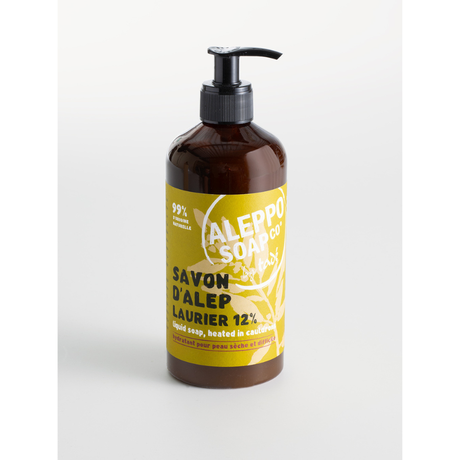 Aleppo Soap Co Zeep 12% laurier with poppy seeds in a 500ml bottle, natural olive and laurel ingredients.
