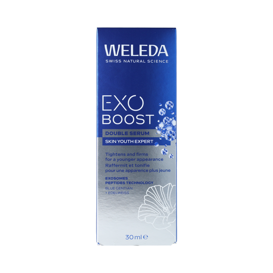 Weleda Exo Boost Double Serum with blauwe gentiaan, 30ml, facial skincare product in a sleek bottle with dropper applicator.