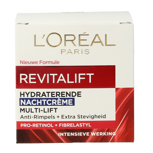 L'Oreal Paris Revitalift nachtcrème in 50ml jar, a facial skincare product with a smooth, creamy texture for nighttime hydration.