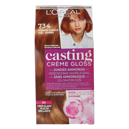Casting Casting Creme Gloss 734 Honey Crumble hair dye tube and box for at-home hair coloring.
