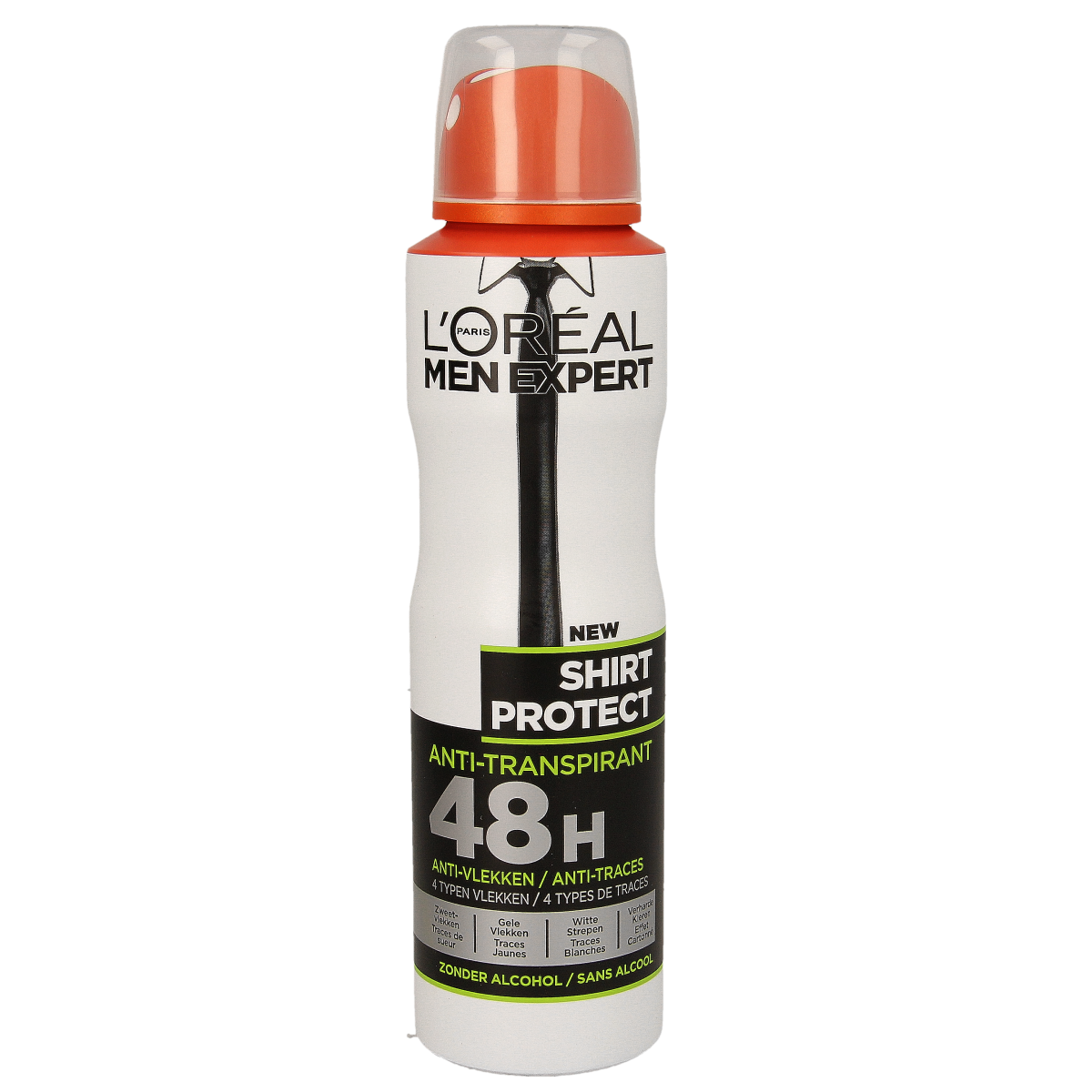 Men Expert deodorant spray for men, shirt protection, 150ml bottle with spray nozzle, close-up of the deodorant container.