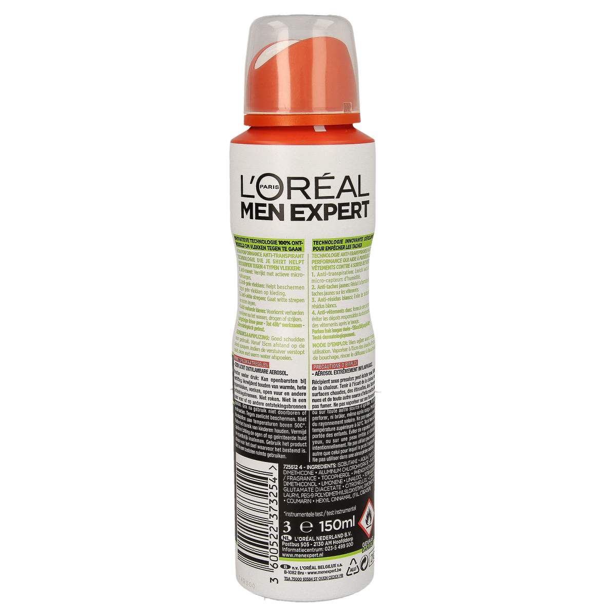 Men Expert deodorant spray in a 150ml bottle, featuring a sleek design with a spray nozzle, designed for men's freshness and shirt protection.