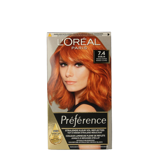 Preference Dublin Mango Koper 7.4 hair coloring set with professional shades for vibrant, copper-toned hair coloring.