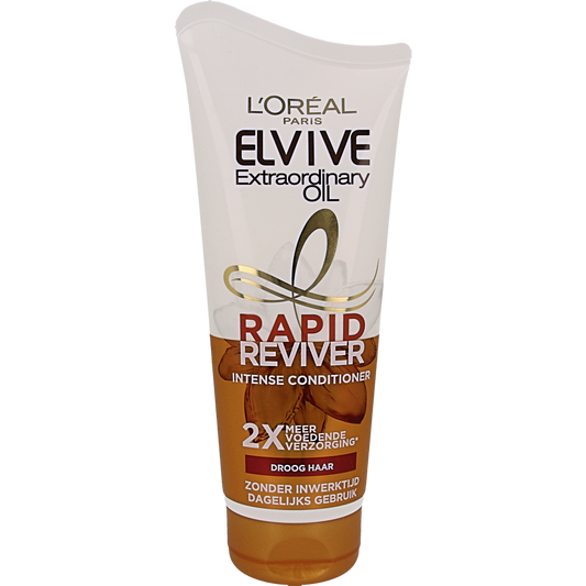 Elvive Rapid Reviver extraordinary hair oil in 180ml bottle, nourishing hair care product with sleek packaging.