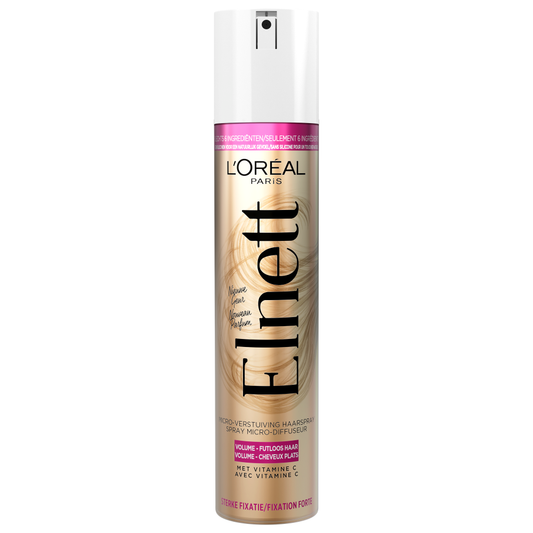 Elnett Satin Volume Extra Strong Hair Styling Spray in 200ml bottle, showcasing the aerosol can and product label.