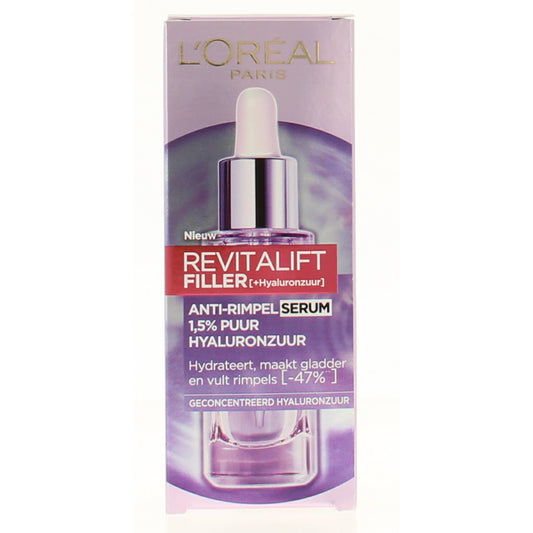 L'Oreal Paris Revitalift Filler hyaluronic acid facial skincare bottle, 30ml, with pump dispenser and label visible.