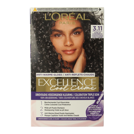 Excellence Cool Creme 3.11 Ultra Ash Dark Blonde hair dye set, with color cream and developer for professional hair coloring.