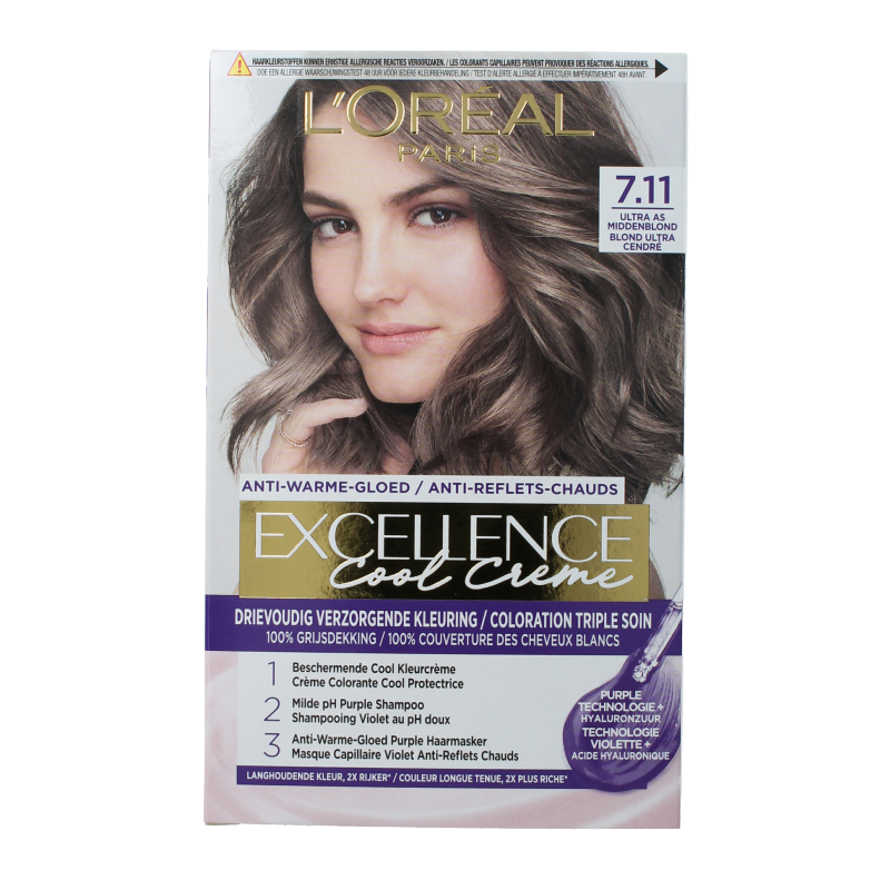 Excellence Cool Creme 7.11 Ultra Asblond hair coloring cream in a tube, used for professional hair dyeing.