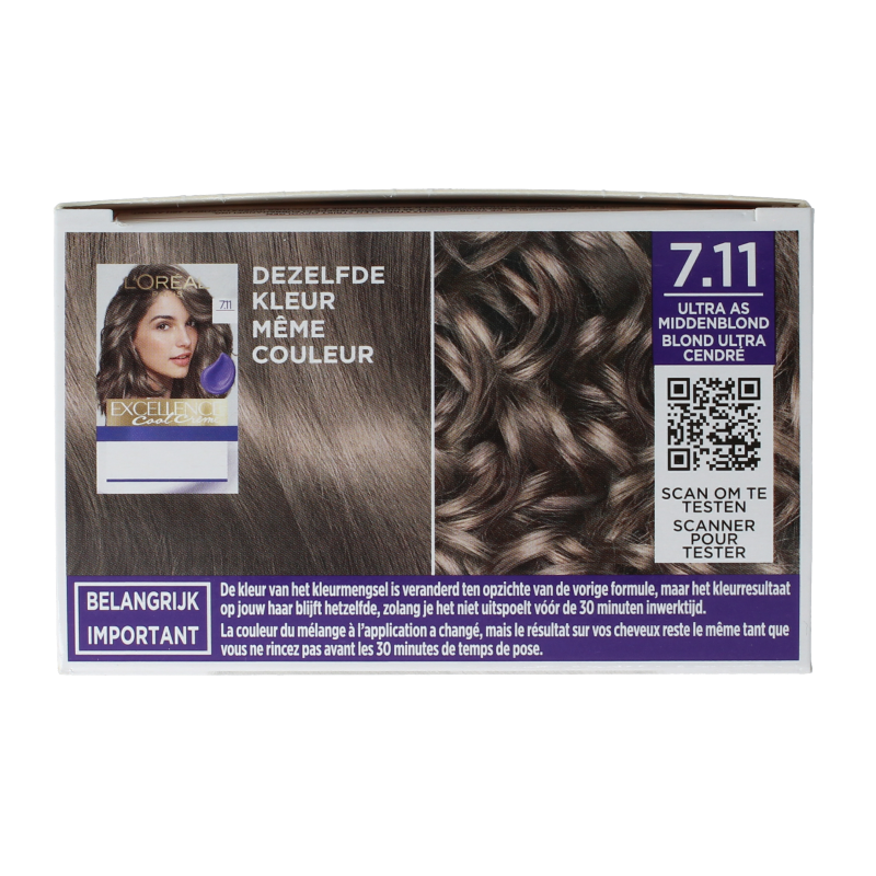 Excellence Cool Creme 7.11 Ultra Ash Blonde hair coloring cream, 1 tube, for professional hair dyeing and color treatment.