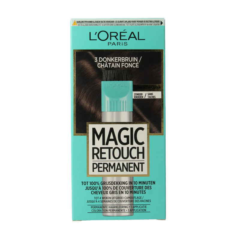Magic Retouch Permanente dark brown hair dye bottle, professional hair coloring product for natural-looking results.