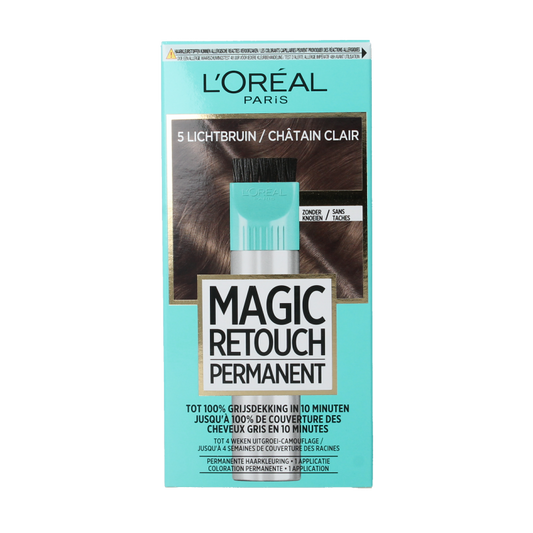 Magic Retouch permanent hair coloring in shade 5 lichtbruin, bottle with applicator, for root touch-up and hair color enhancement.
