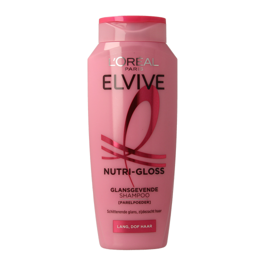 Elvive Nutri Gloss Shampoo bottle, 250ml, for nourishing hair care, with sleek packaging and brand logo visible.