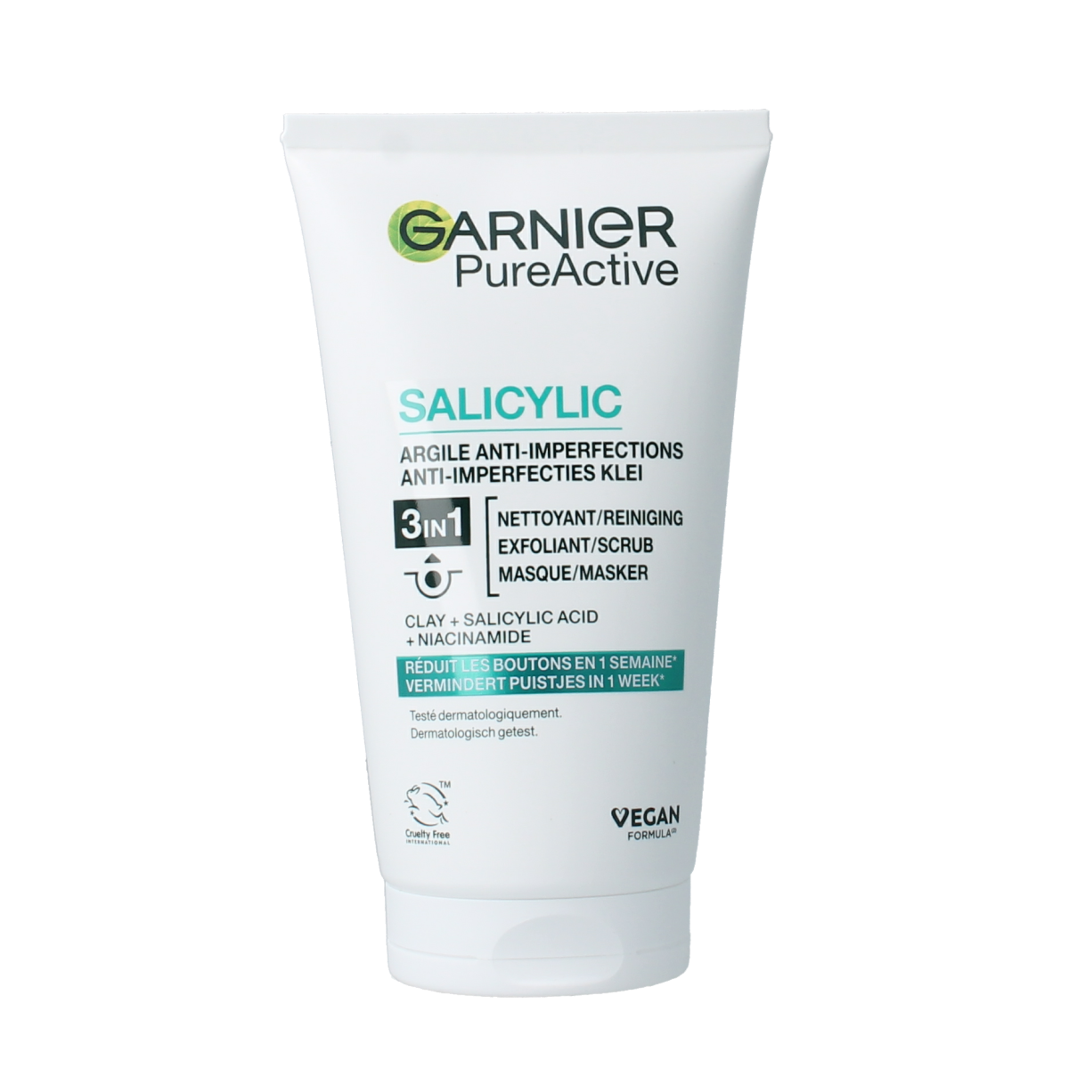 Garnier Skin Naturals Face Pure 3-in-1 facial cleanser, exfoliator, and mask in a 150ml tube, with natural ingredients.