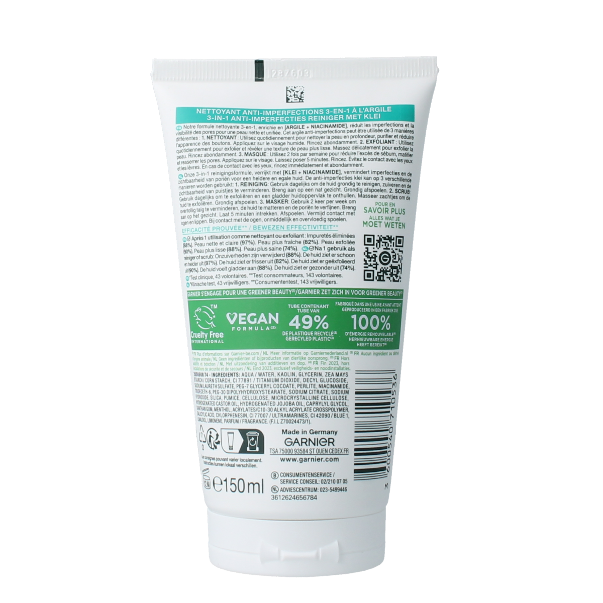 Garnier Skin Naturals face pure 3-in-1 facial cleanser, toner, and scrub in a 150ml bottle for healthy skin.