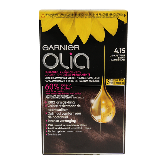 Garnier Olia 4.15 kastanjebruine haarkleuring in set, showcasing the box with hair color and brand logo.