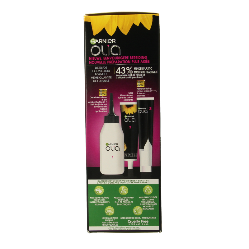 Garnier Olia light brown hair dye kit with applicator and gloves, for easy at-home hair coloring.