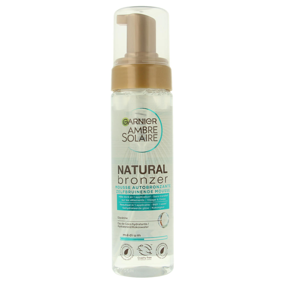 Ambre Solaire Zelfbruiner mousse 200ml bottle, sunless tanning product with pump dispenser and smooth texture.
