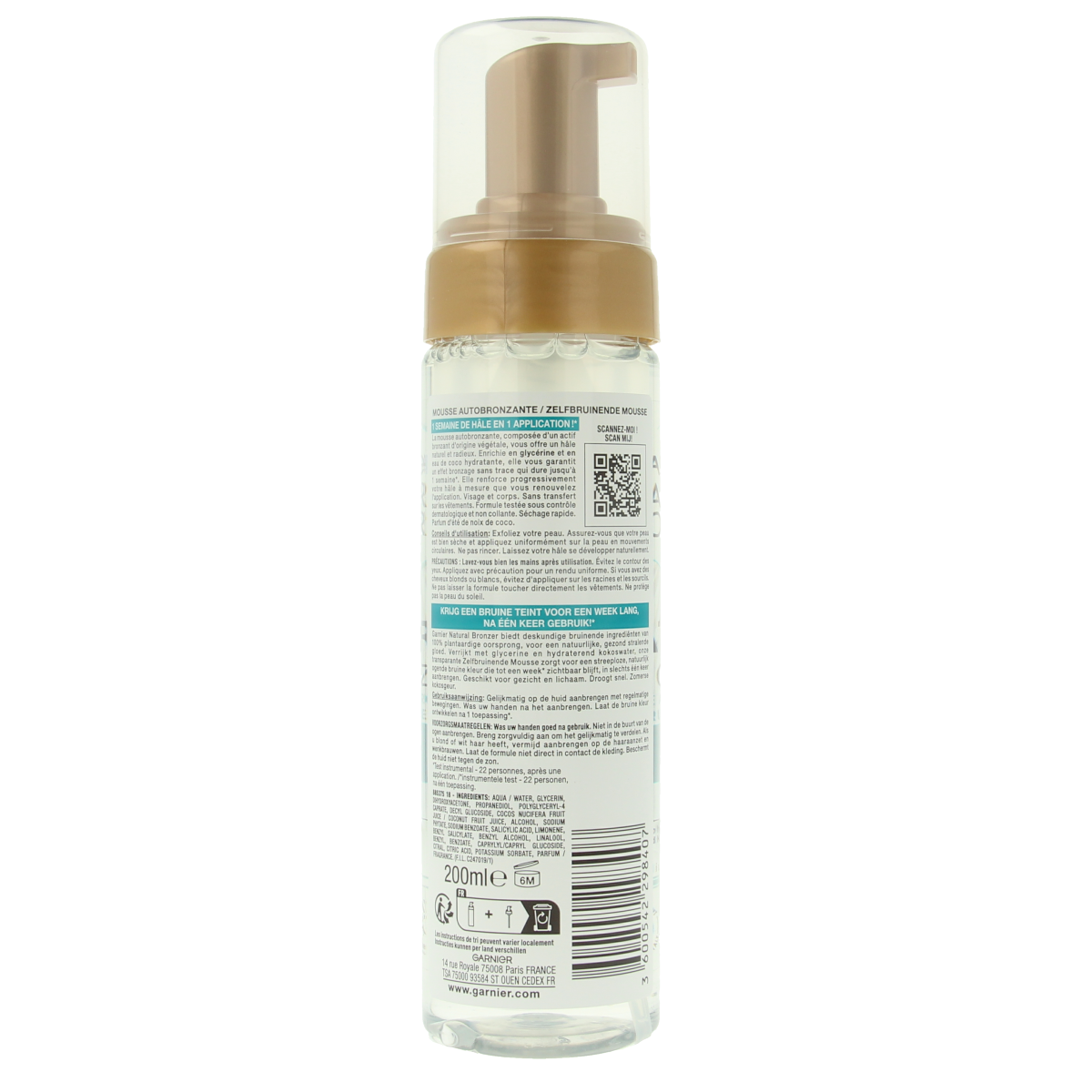 Ambre Solaire Zelfbruiner mousse 200ml bottle with pump for natural-looking sunless tanning application.