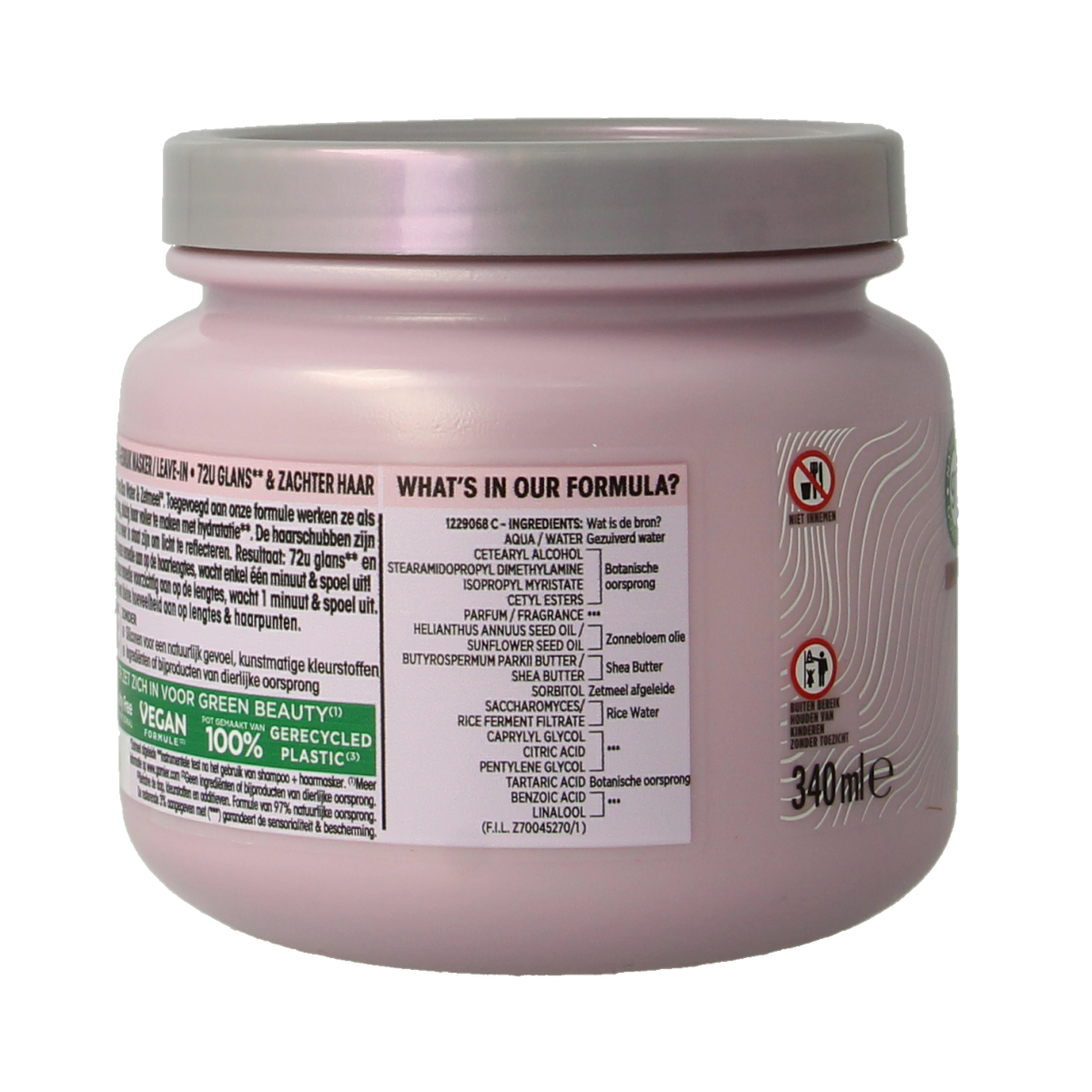 Garnier Loving Blends rice water infusion hair mask in a 340ml jar, nourishing hair care with natural ingredients.