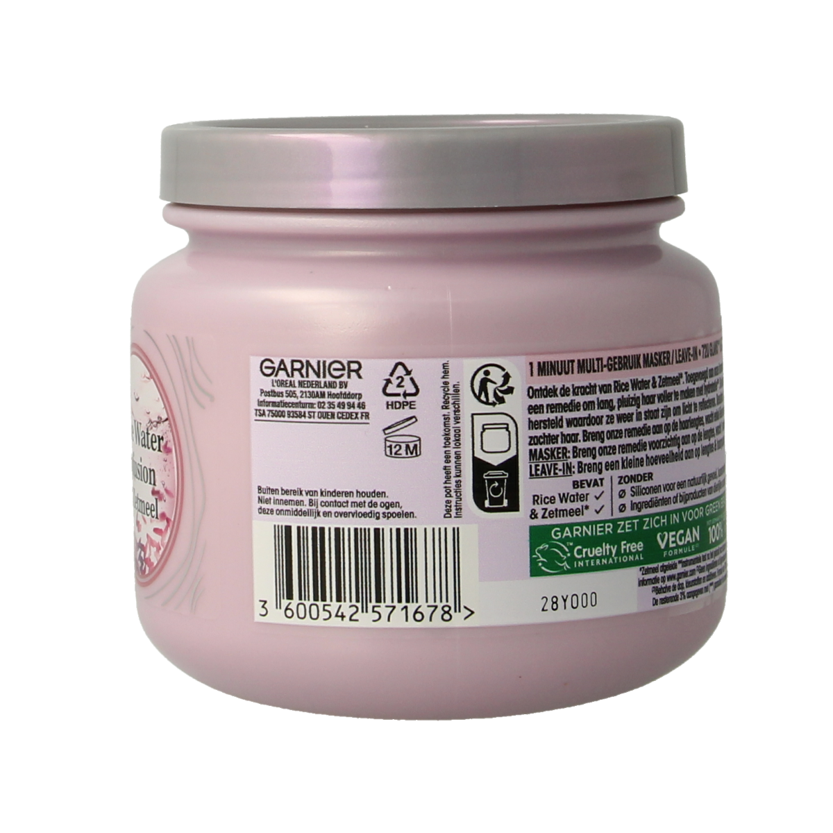 Garnier Loving Blends rice water infusion hair mask, 340ml, in a white jar with a green label, showing the product's packaging.