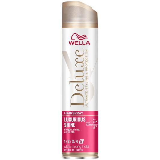 Wella Deluxe Haarstyling Haarspray with Luxurious Shine, 250ml, showing the spray nozzle and sleek packaging.
