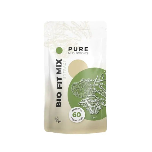 Pure Mushrooms Fit Mix Bio capsules, dietary supplement with mushroom blend, in a clear bottle with label visible.