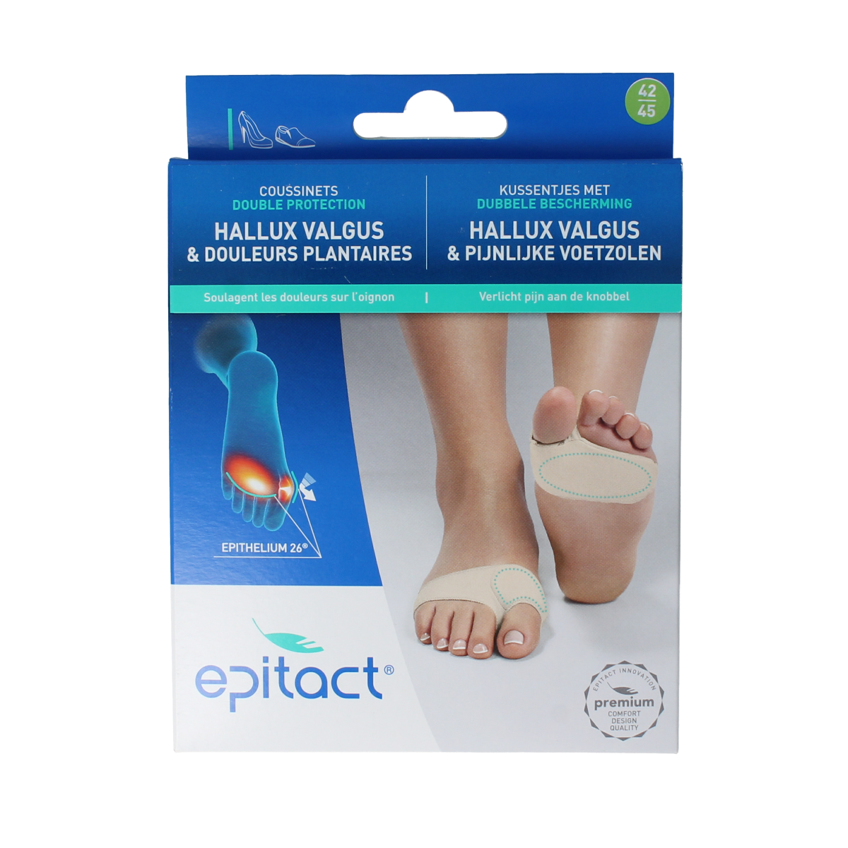 Epitact Voetzoolkussentjes dubbel maat 42/45 inlegzolen, pair of 2, designed for comfort and support in shoes.