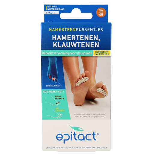 Epitact hamertenen voetverzorgingsset, maat 36/40, bevat 2 zachte, ondersteunende pads voor hiel en tenen, voor comfort en verzorging.