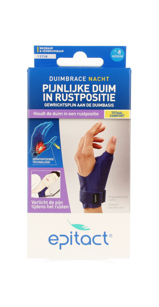 Epitact right thumb night brace size M, medical orthosis for thumb support, shown in the image with a white strap and black padding.