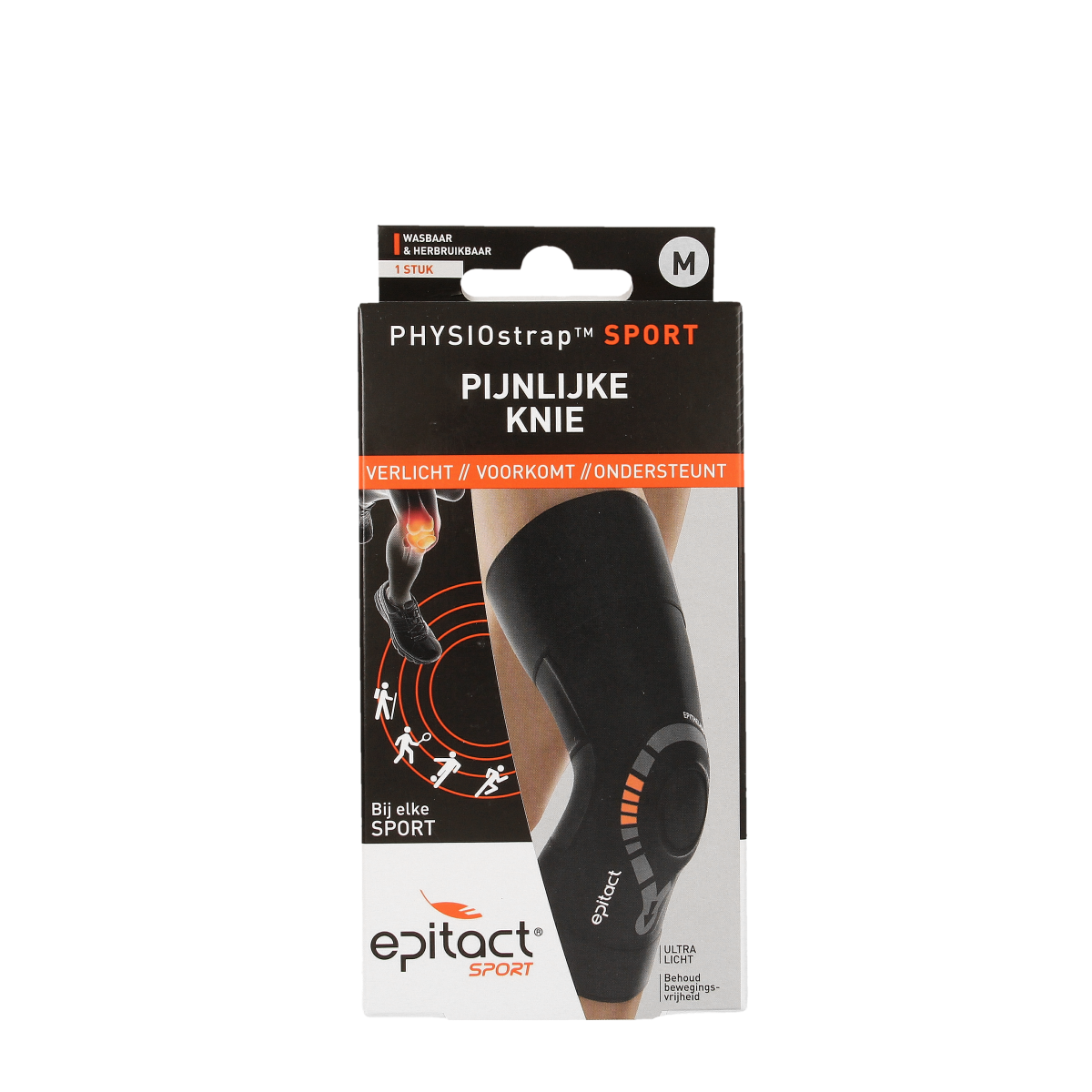 Epitact Knie physiostrap sport size M brace for knee support and stabilization, shown on a neutral background.