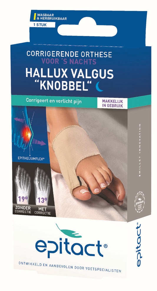 Epitact Hallux valgus night splint size 36/38 for foot care, showing a close-up of the comfortable black orthotic device.