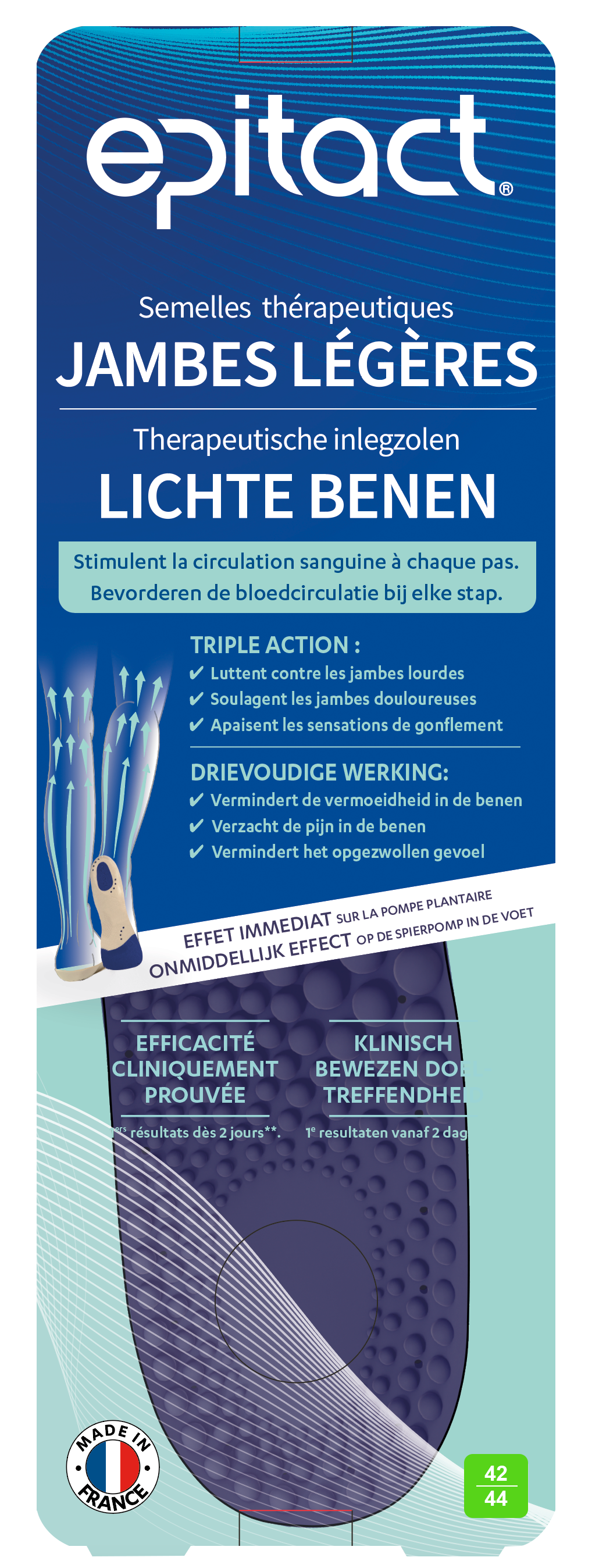 Epitact Inlegzolen lichte benen for shoe size 42-44, pair of comfortable insoles designed to support light-legged comfort.