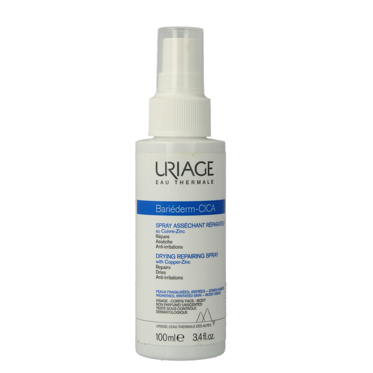 Uriage Bariederm Cica Spray 100ml for body skincare, featuring a clear spray bottle with a white cap and blue accents.