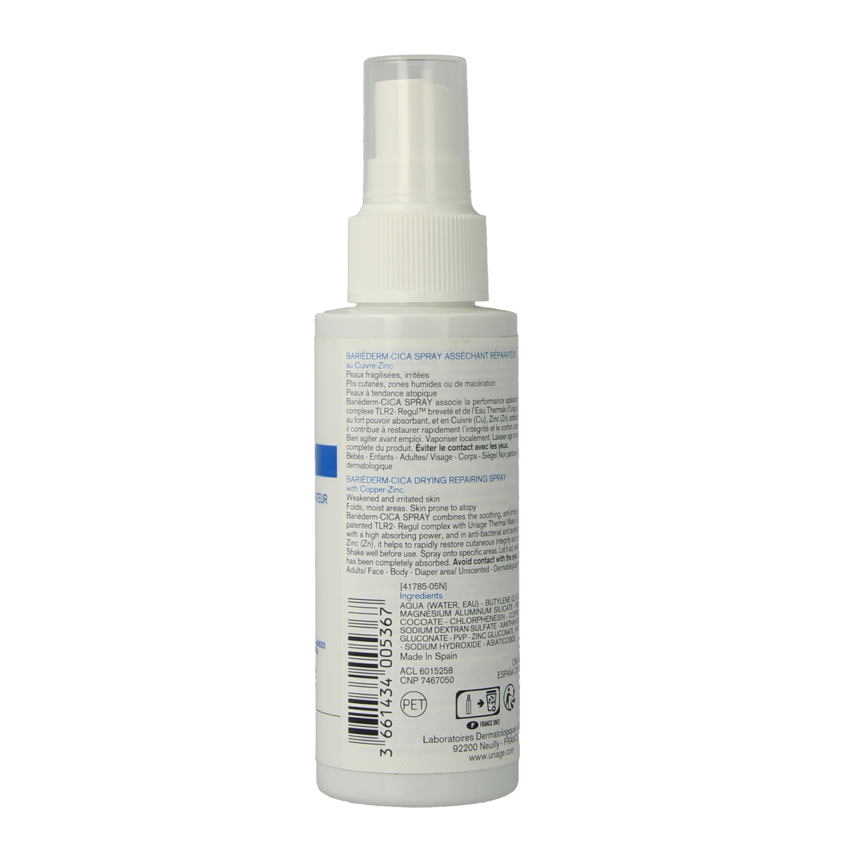 Uriage Bariederm Cica Spray 100ml for body skincare, featuring a clear spray bottle with white and blue label.