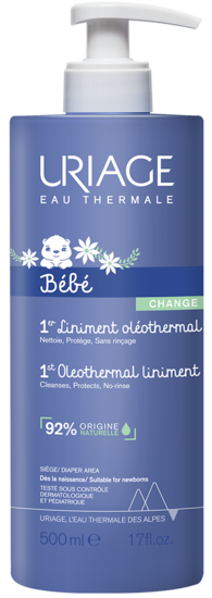 Uriage Bebe 1er Liniment Oleothermal baby care product in a 500ml bottle, designed for gentle infant and toddler skin cleansing.