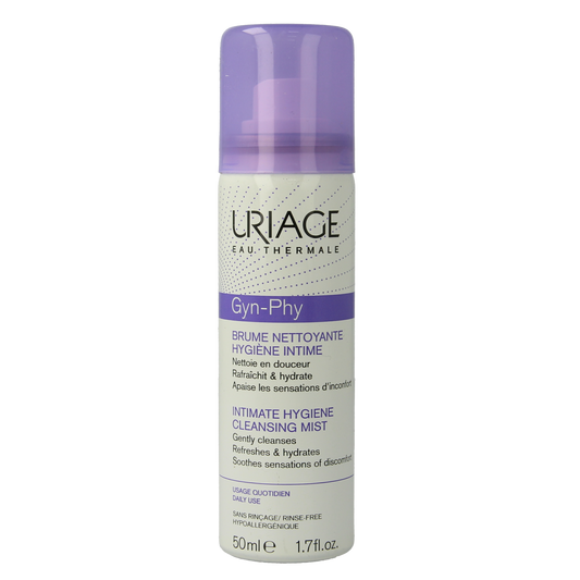Uriage Gyn-phy feminine hygiene spray bottle, 50ml, in white packaging with blue accents, designed for feminine hygiene care