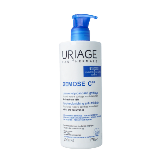 Uriage Xemose Baume Olea Apaisant anti-grattage body care cream in 500ml jar, soothing and moisturizing for sensitive skin