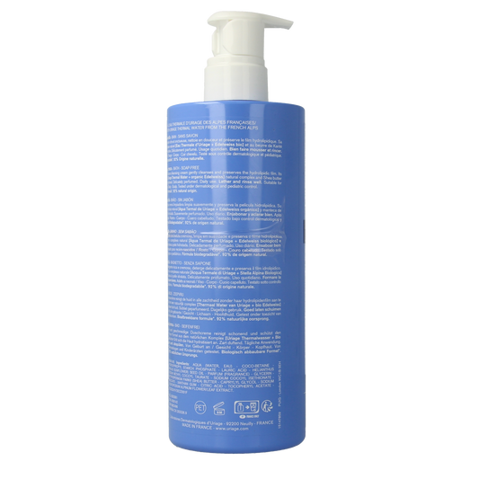 Uriage Bébé 1ère crème lavante, gentle baby and toddler cleansing cream in a 500ml bottle, suitable for delicate skin.