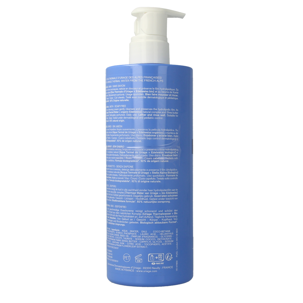 Uriage Bebe 1ere Creme Lavante, gentle baby and toddler cleansing cream in a 500ml bottle with soft, creamy texture.