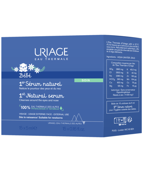 Uriage Bébé 1er naturel serum unidose 5x15ml, baby and toddler skincare, small individual serum bottles, gentle and natural.