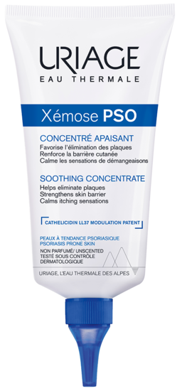 Uriage Xemose Pso Concentre Apaisant face care cream in a 150ml tube, designed for sensitive, irritated skin.
