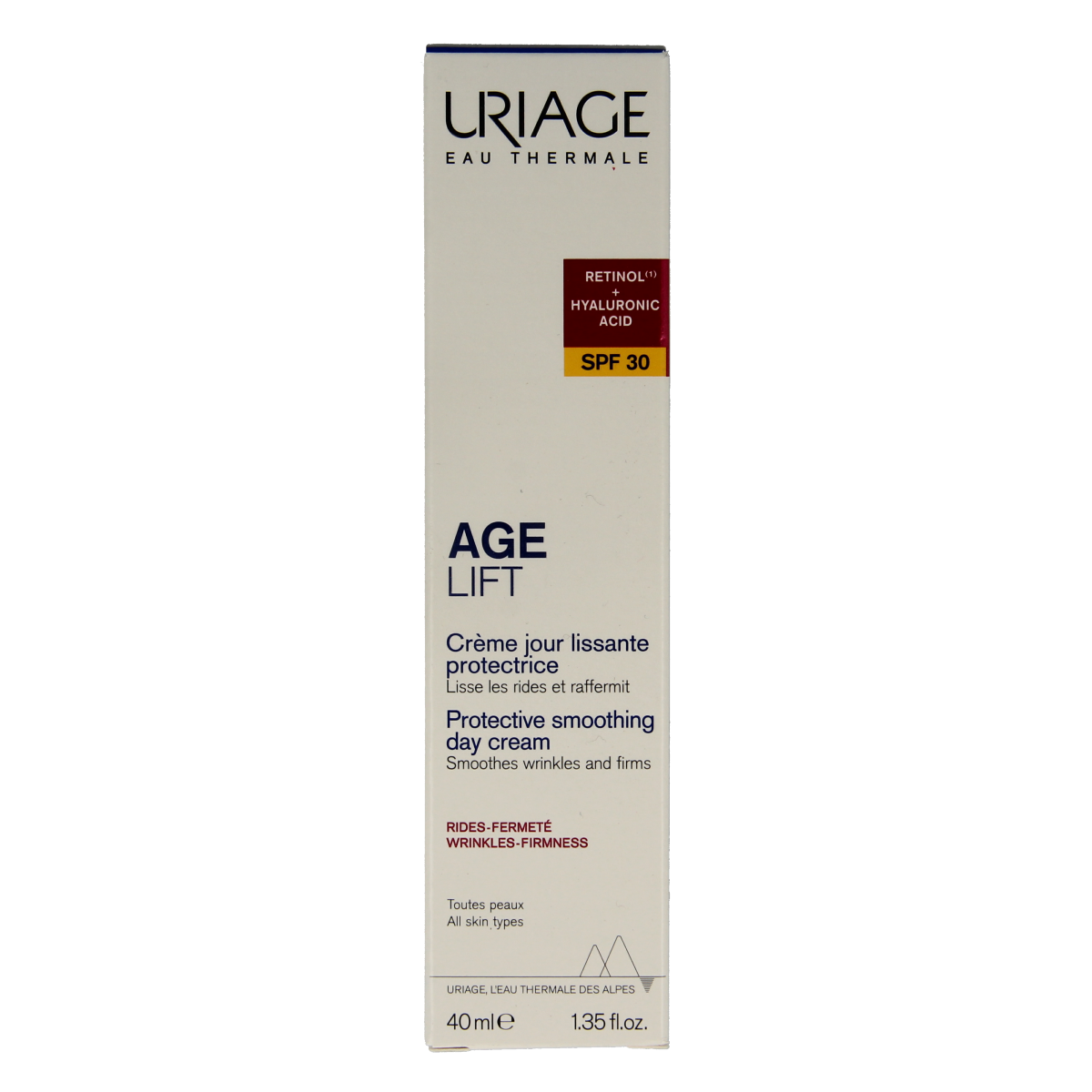 Uriage Age Lift day cream SPF30 in 40ml jar, facial skincare product with SPF protection and anti-aging benefits.