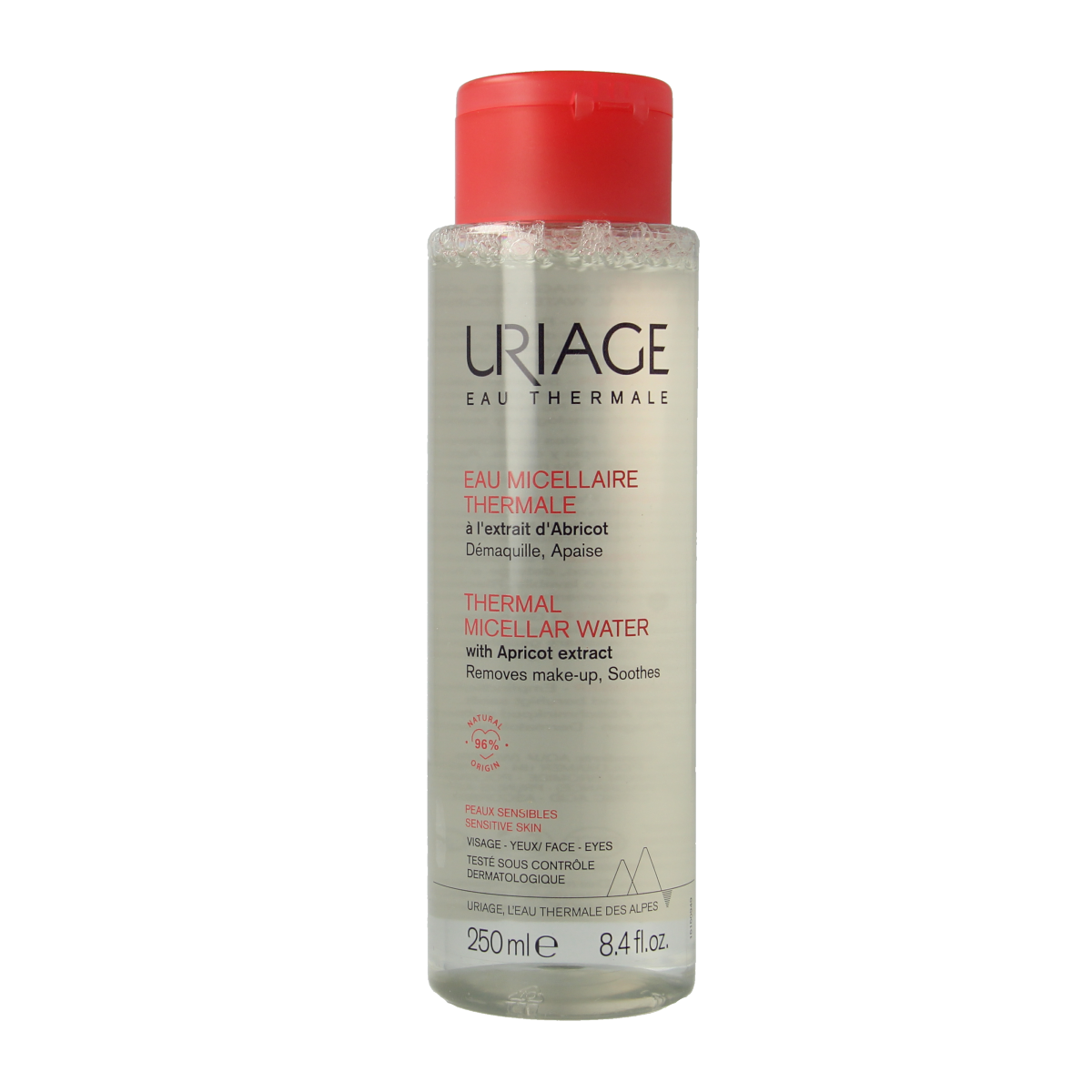 Uriage Thermaal Micellar Water for sensitive skin, 250ml, facial skincare product with soothing mineral water in a clear bottle.